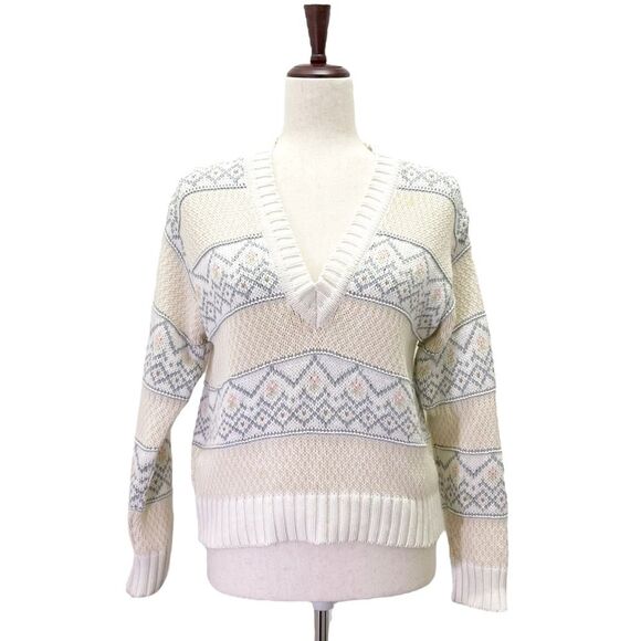 Vintage Liz Sport Fair Isle Pastel Neutral Cropped V Neck Sweater Size P | XS - Picture 2 of 11